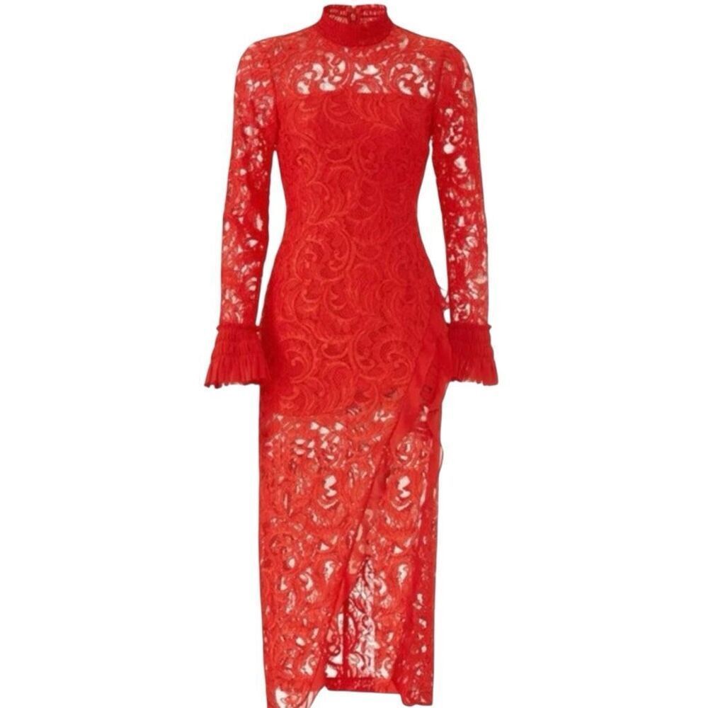 Revolve Alexie‎ Fala Red Lace High Neck Long Sleeve Side Slit Dress M